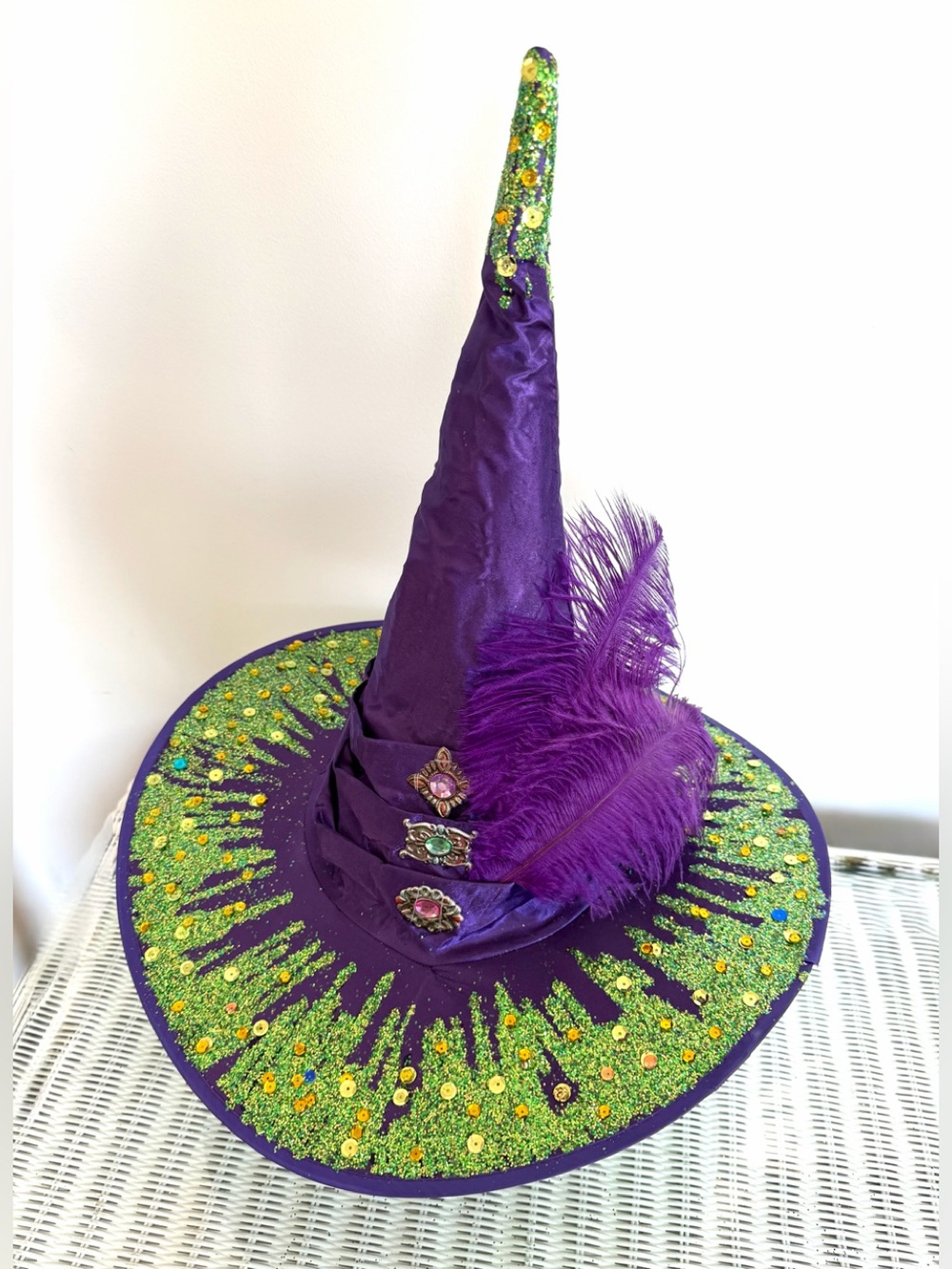 Purple Witch Hat satin ostrich feathers Green sparkle Trim brim one size adult - Picture 8 of 12